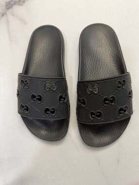 Gucci Pursuit GG Rhombi Perforated Rubber Slide Sandals Black
